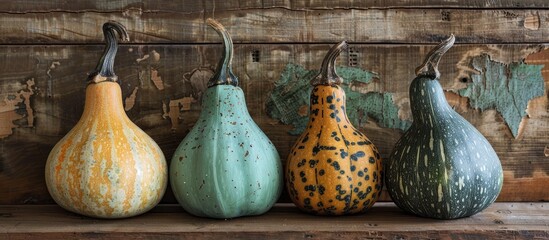 Poster - Group Of Three Whole Beautiful Decorative Gourd Flatlay On Brown Wood