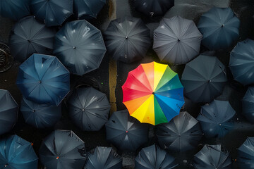 An AI generative image of isolated rainbow umbrella with other black umbrella during raining.