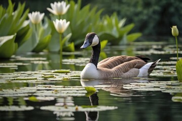 Goose Swimming Through Lily Pads on a Calm Pond