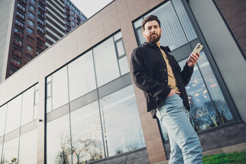 Aufkleber - Photo of handsome attractive nice man wear stylish clothes city street autumn day outside enjoy weekend