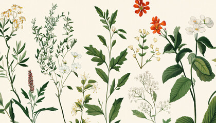 Hand-drawn vintage illustrations of different plant species, paired with soft, muted colors for a calming and artistic vibe