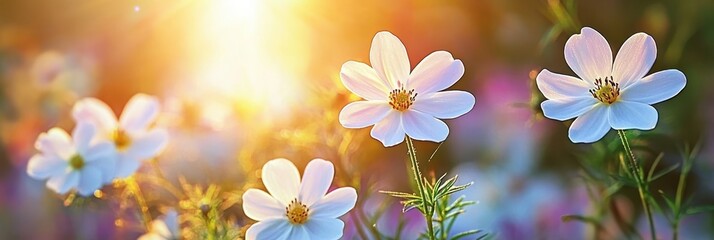 Spring meadow, blooming daisies, golden sunlight, bokeh effect, shallow depth of field, soft focus, ethereal glow, vibrant green background, white wildflowers, nature photography, dreamy atmosphere, w