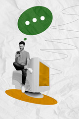 Poster - Vertical collage illustration of young man using cellphone writing in blog his personal thoughts for media isolated on white color background