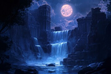 Wall Mural - Vibrant 2D nighttime scene featuring a whimsical landscape, illuminated by a glowing moon, surrounded by enchanting stars and serene ambiance.