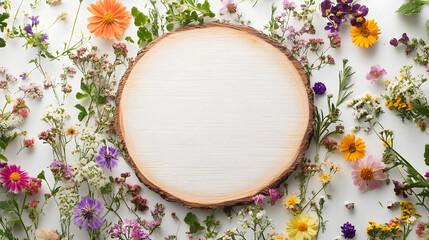 A round wooden log slice sign framed with colorful wildflowers such as daisies, buttercups, and violets, giving off a natur