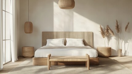 Mock up frame in a minimalist adult bedroom with sleek natural wooden furniture and clean lines, 3D render