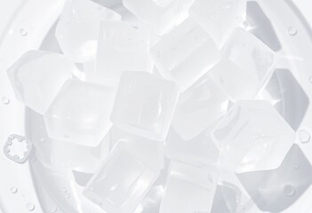 Wall Mural - Detailed shot of ice cubes in a clear container reflecting the l