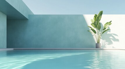 Wall Mural - A large wall with a green plant in a pot next to a pool