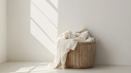 Canvas Print - A basket of white blankets sits on a white wall