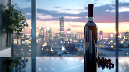 Wall Mural - Bottle of red wine on a table with a city skyline view.