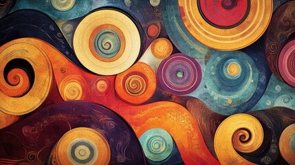Poster - A dynamic background featuring various spiral patterns, from bold, colorful swirls to subtle, textured spirals, creating a visually engaging and energetic design.