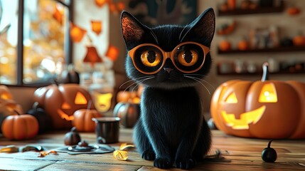 Halloween living room with a black cat wearing brown glasses, showing a 'hot face,' pumpkins and spooky decor in the background. 3D style.