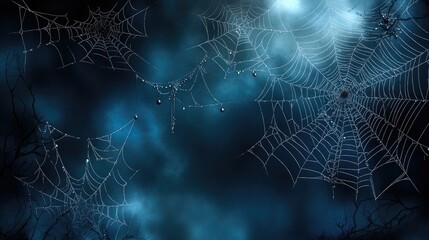 A haunting Halloween scene with spider webs of different textures, misty fog rolling through, and water droplets hanging on the webs, all set against a shadowy, dark background.