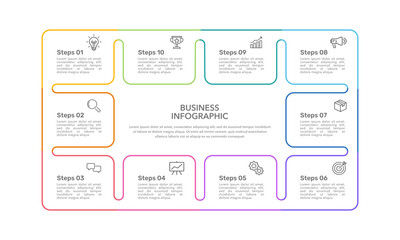 10 Process to success. Infographic square line design template. Business presentation, Banner, Brochure, Poster and Plan. Vector illustration.