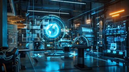 Fototapete - Futuristic control room with a holographic globe of Earth in the center, surrounded by glowing screens and displays, showcasing advanced technology and data visualization.