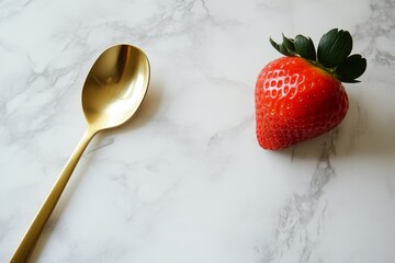 A Golden Spoon and a Fresh Strawberry on a Marble Surface