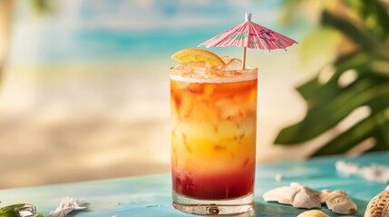 A glass of orange and pink drink with a pink umbrella on top