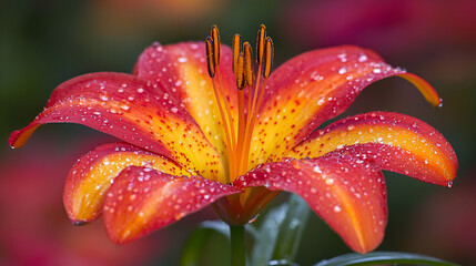 Wall Mural - Vibrant orange lily blossom adorned with dew droplets in a lush garden during the early morning light