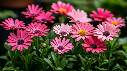 Wall Mural - Colorful daisy flowers in varying shades of pink bloom in a lush garden setting during springtime