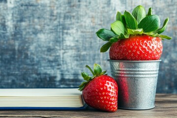 Two Red Strawberries in a Metal Bucket and a Book