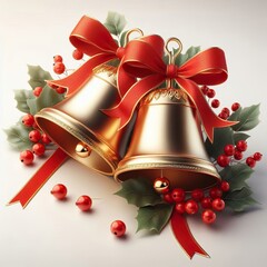 Two golden bells with red ribbons hanging from them. The bells are surrounded by red berries and leaves. Concept of festivity and joy