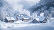 © Jakkarin - Winter Wonderland: Scenic View of a Snow-Covered Remote Village with Smoke Rising from Chimneys