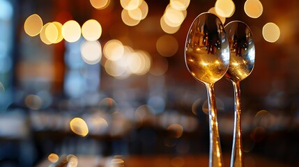 Poster - Two silver spoons stand tall with blurry bokeh lights reflected in their surface.