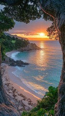 Stunning sunset over coastal landscape with rocky shore