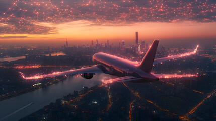 Poster - Airplane flying over a city at sunset with digital network lines around it.