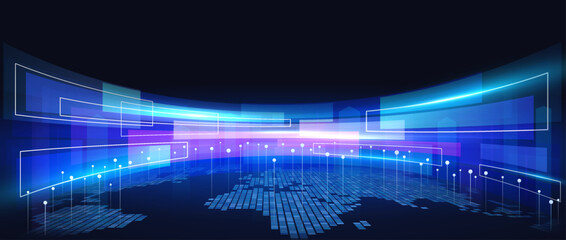 Fototapete - Abstract digital futuristic background of network connections, big data transfer. Innovative future technologies, internet connection. World map with light lines and dots.