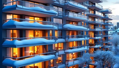 A modern apartment building covered in snow, with warm lights glowing from the windows, set against a winter sky.