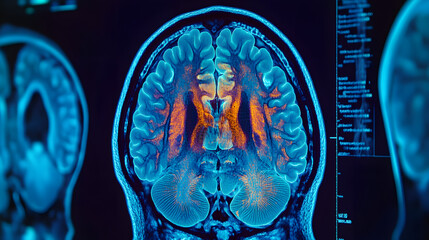 Poster - a close-up of a brain scan on a computer screen. the scan shows the structure of the brain in detail