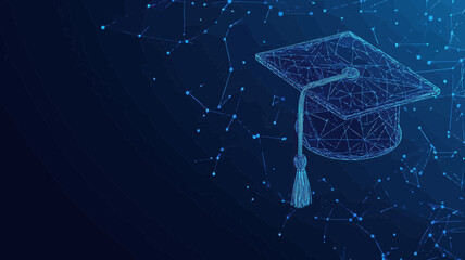 Poster - Polygonal Graduation Cap Vector Illustration with Mesh Sphere and Flying Debris in Blue Minimalist Style, Symbolizing Academic Achievement and Advanced Education Technology Concept