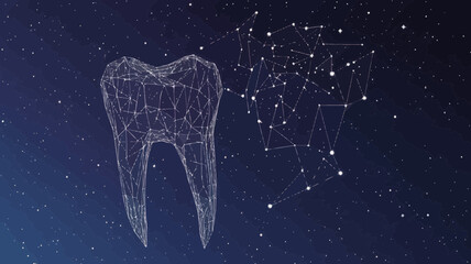 Poster - Low Poly Tooth in Starry Night Sky, Mesh Line Vector, Abstract Dental Health Concept with Universal Connection
