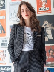 Wall Mural - A woman in a black and white striped suit stands in front of a wall of posters