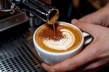 A barista dusting cocoa powder over the foam of a freshly made cappuccino, with the espresso machine in the background