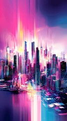 Wall Mural - A stylized illustration of a city skyline bathed in neon light.