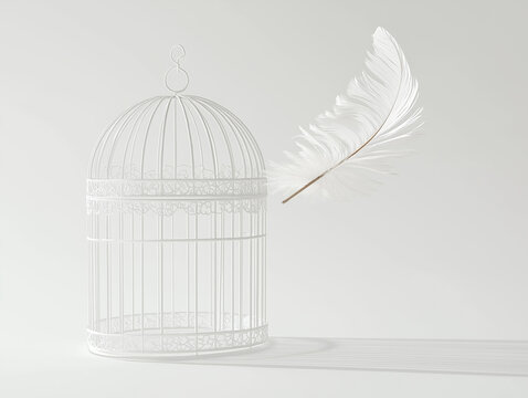 Minimalist White Birdcage with Floating Feather Representing Freedom