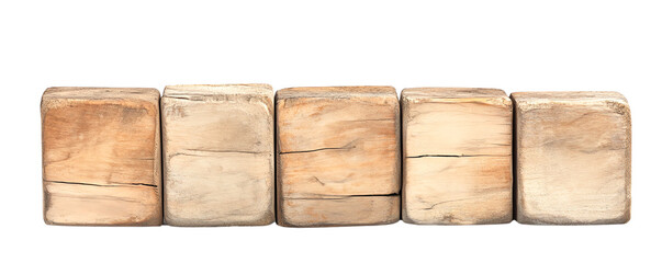 Five wooden blocks arranged in a line isolated on transparent background