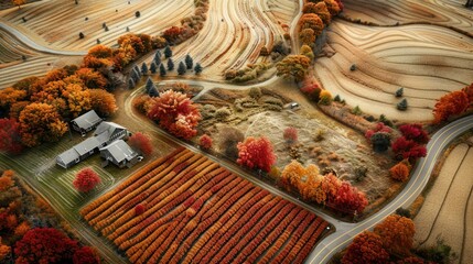 Wall Mural - Aerial View of a Countryside Landscape with House in Autumn