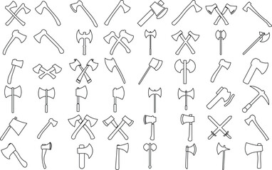 Firefighter axe outline icon set for logo and t-shirt. Thin line art editable stroke.