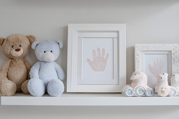 baby nursery decor with framed handprint, teddy bears, and toy train, personalized keepsake display,