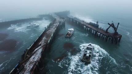 Canvas Print - Boats Navigating a Foggy Pier