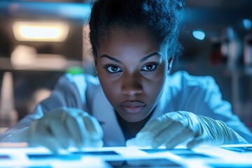 Aufkleber - Focused scientist analyzing data on screen in lab