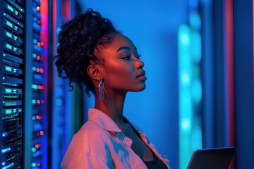 Poster - Woman in blue light, working in server room with tablet