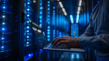 Wall Mural - A man is typing on a laptop in a room with blue lights