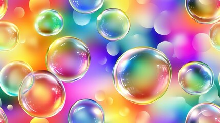 Wall Mural - seamless pattern of transparent bubbles floating over a vibrant rainbow-colored background, creating
