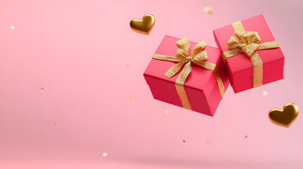 Poster - Two red gift boxes with golden ribbon and bow floating in the air with a golden heart shape on a pink background.