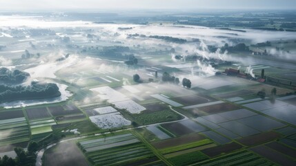 Sticker - Aerial View of a Foggy Rural Landscape