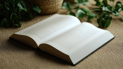 Wall Mural - An open book resting on a textured surface with plants nearby.